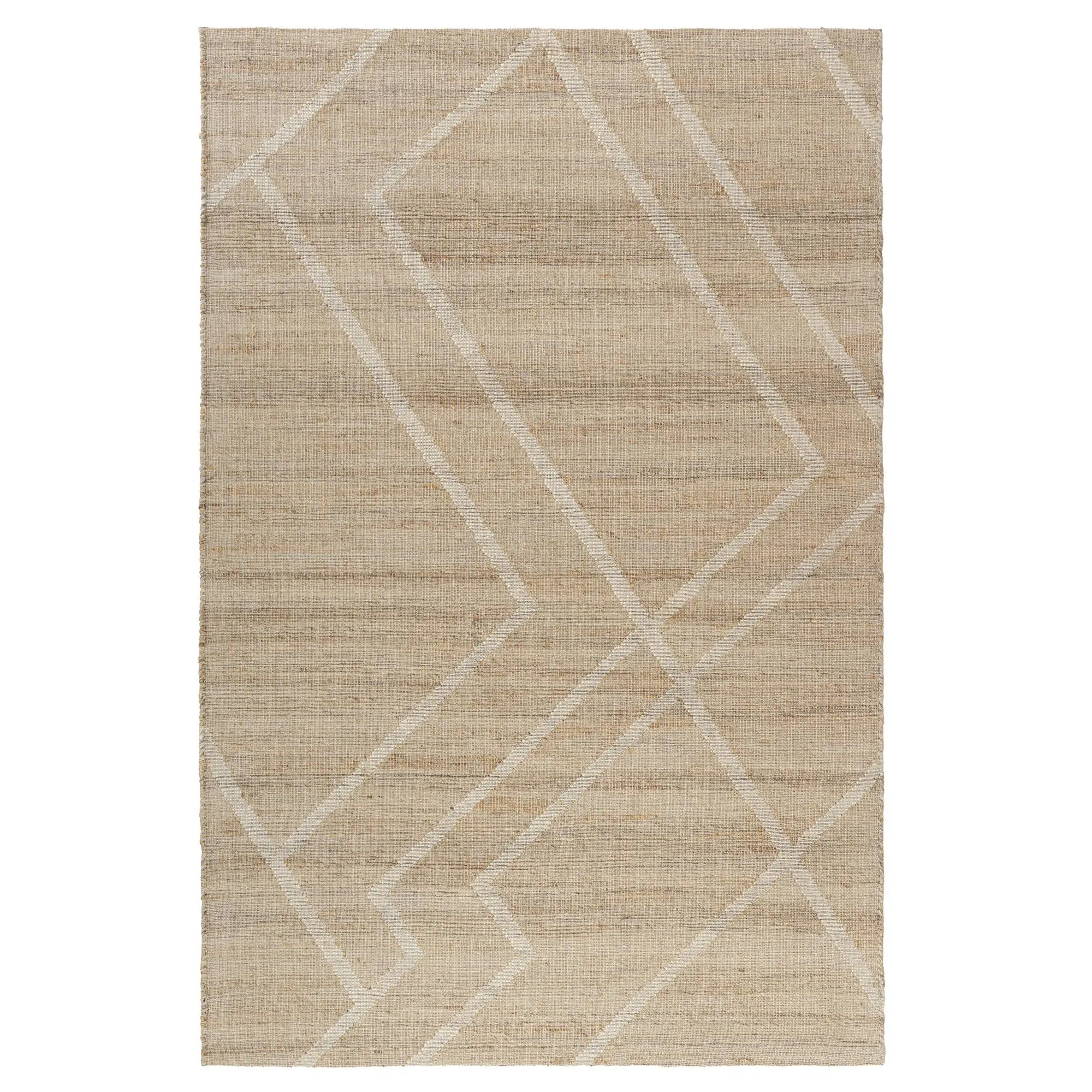 Beige geometric area rug with a textured weave and white abstract pattern, perfect for modern home decor.