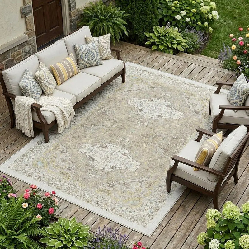 8' X 10' Ivory And Beige Oriental Washable Indoor Outdoor Area Rug Homeroots Outdoor