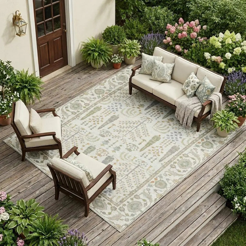 8' X 10' Ivory And Beige Oriental Washable Indoor Outdoor Area Rug Homeroots Outdoor