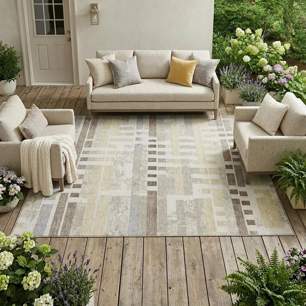 8' X 10' Ivory And Beige Striped Washable Indoor Outdoor Area Rug Homeroots Outdoor