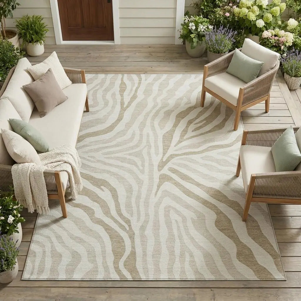 8' X 10' Ivory And Beige Zebra Print Washable Indoor Outdoor Area Rug Homeroots Outdoor