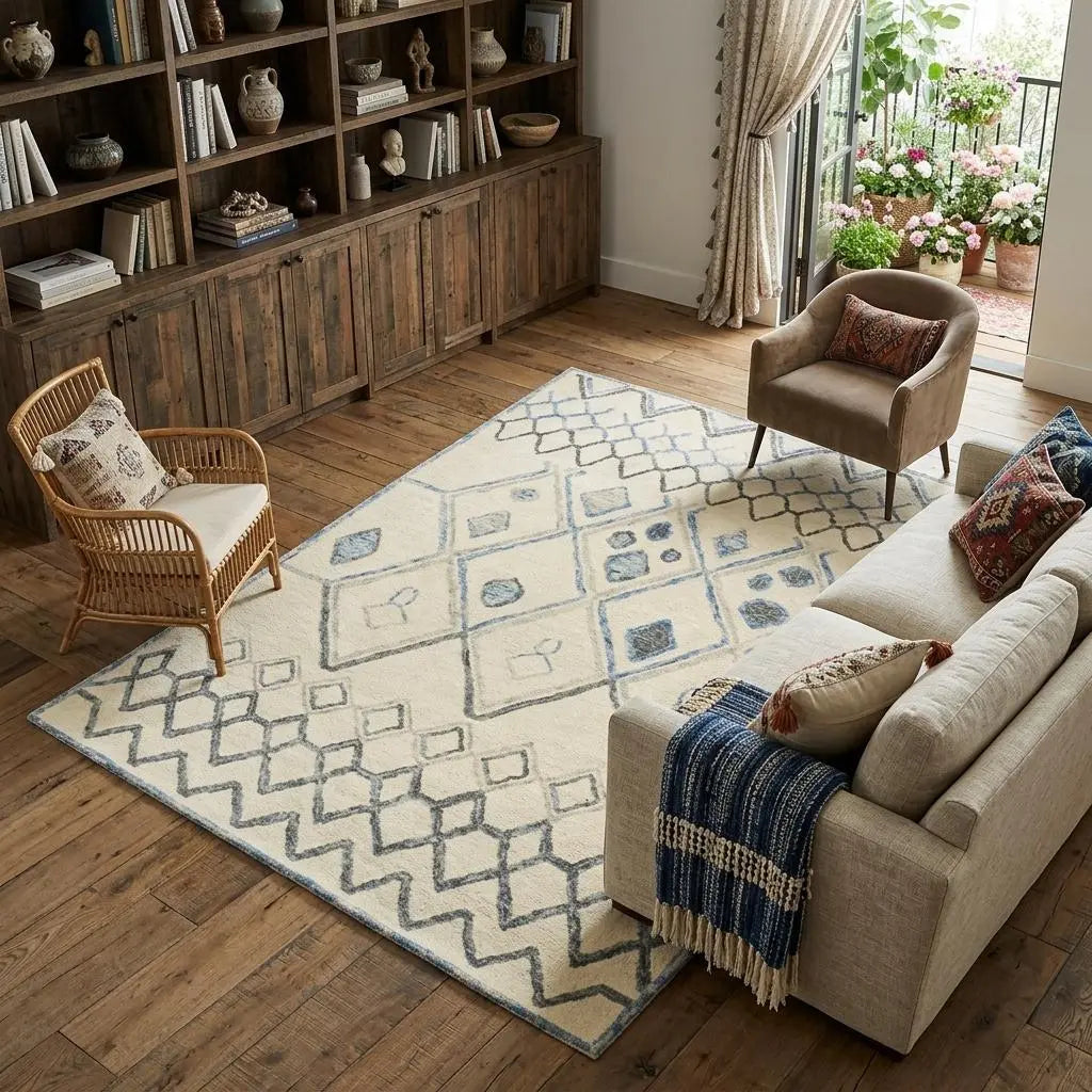8' X 10' Ivory And Blue Argyle Hand Tufted Area Rug Homeroots Home Decor