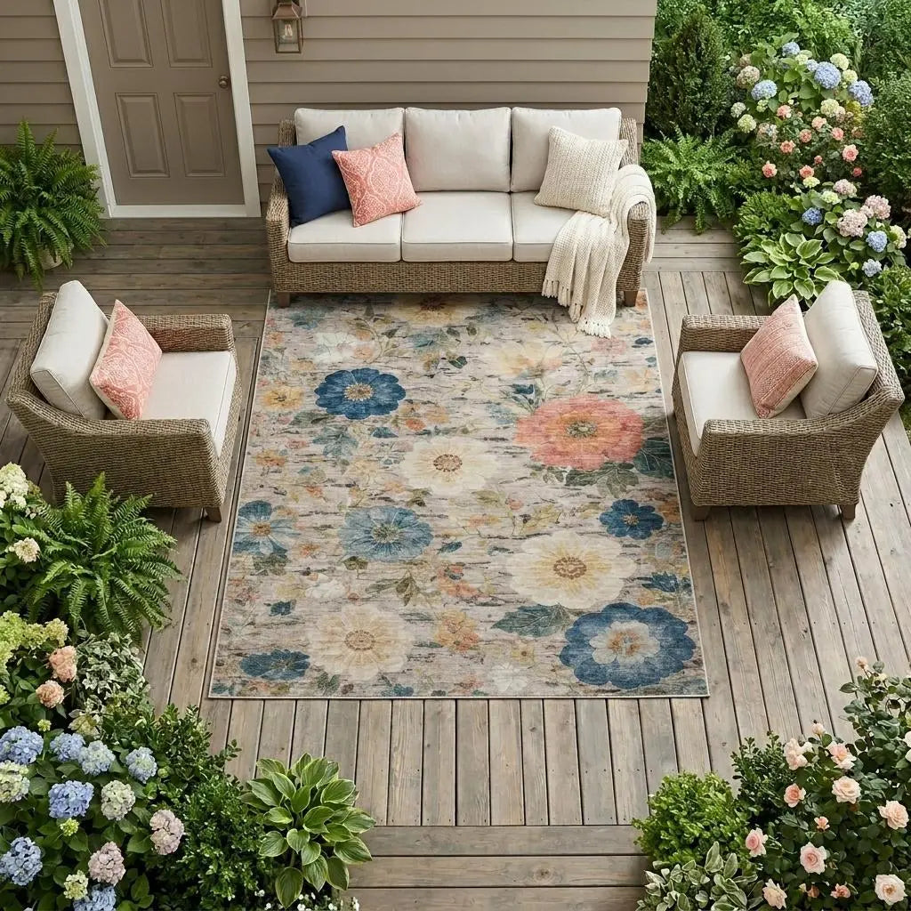 8' X 10' Ivory And Blue Floral Washable Indoor Outdoor Area Rug Homeroots Outdoor
