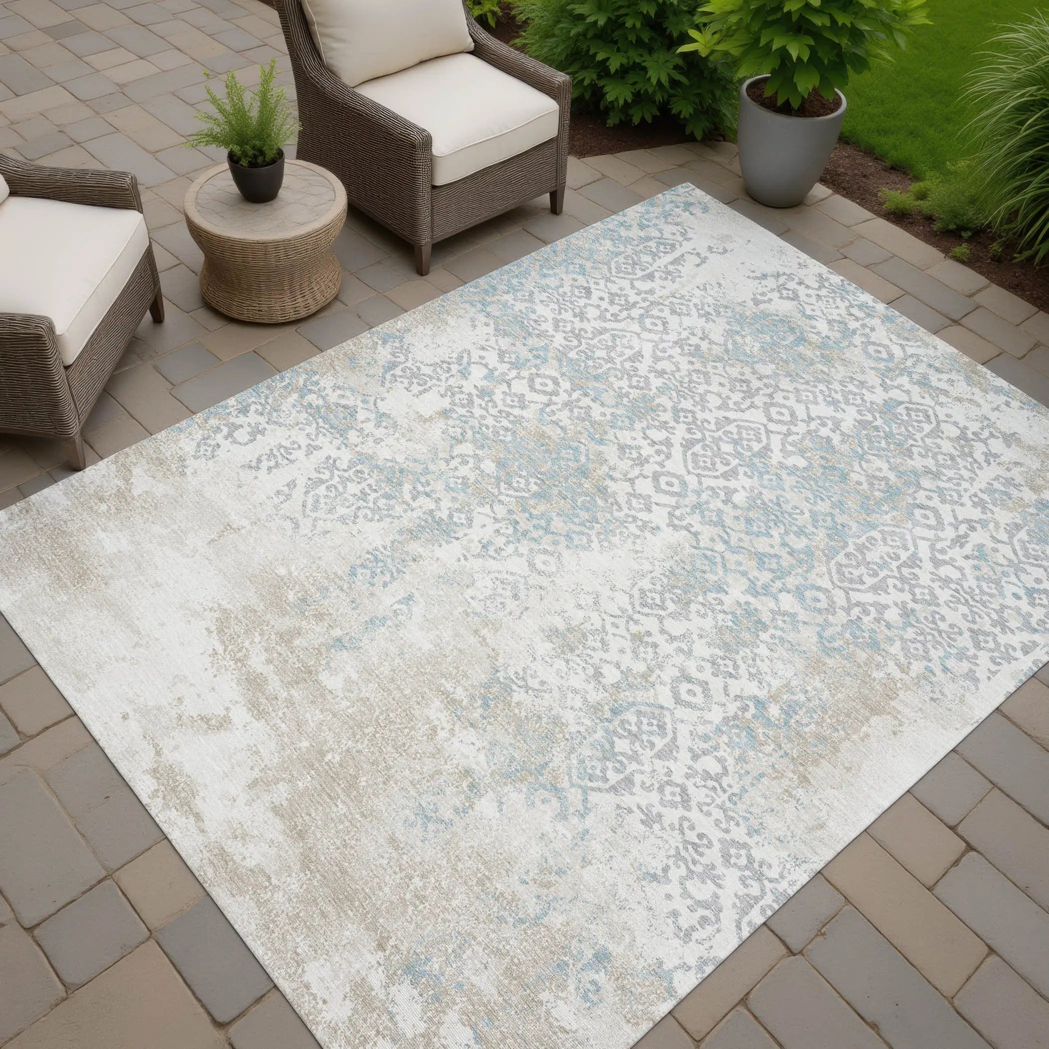 8' X 10' Ivory And Blue Oriental Washable Indoor Outdoor Area Rug Homeroots Outdoor