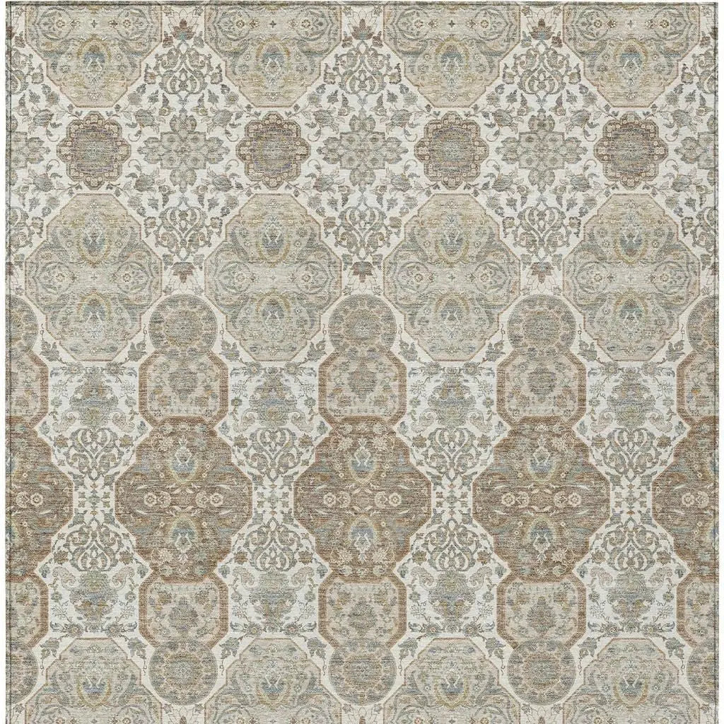 8' X 10' Ivory And Brown Floral Washable Indoor Outdoor Area Rug Homeroots Outdoor
