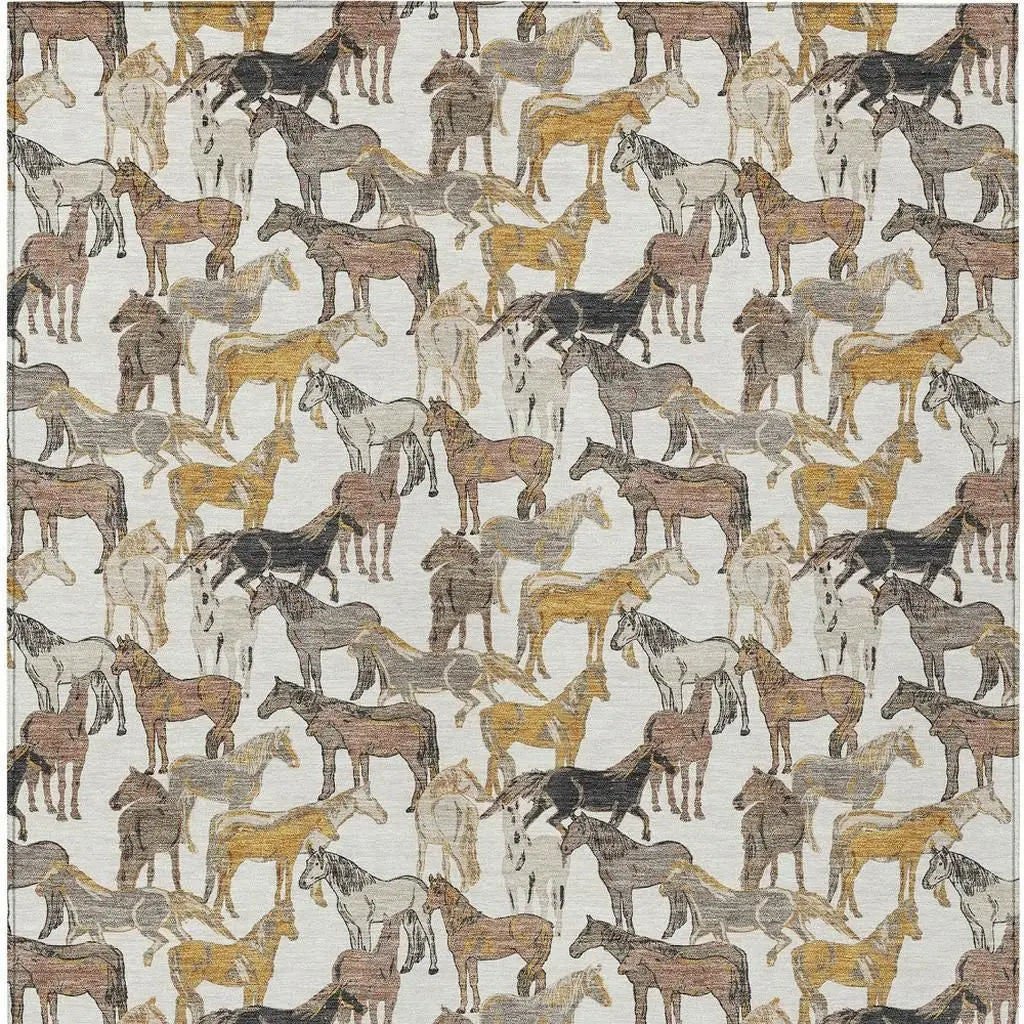 8' X 10' Ivory And Brown Horse Washable Indoor Outdoor Area Rug Homeroots Outdoor