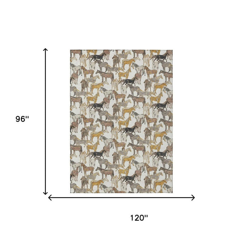 8' X 10' Ivory And Brown Horse Washable Indoor Outdoor Area Rug Homeroots Outdoor