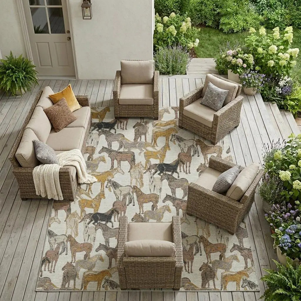 8' X 10' Ivory And Brown Horse Washable Indoor Outdoor Area Rug Homeroots Outdoor