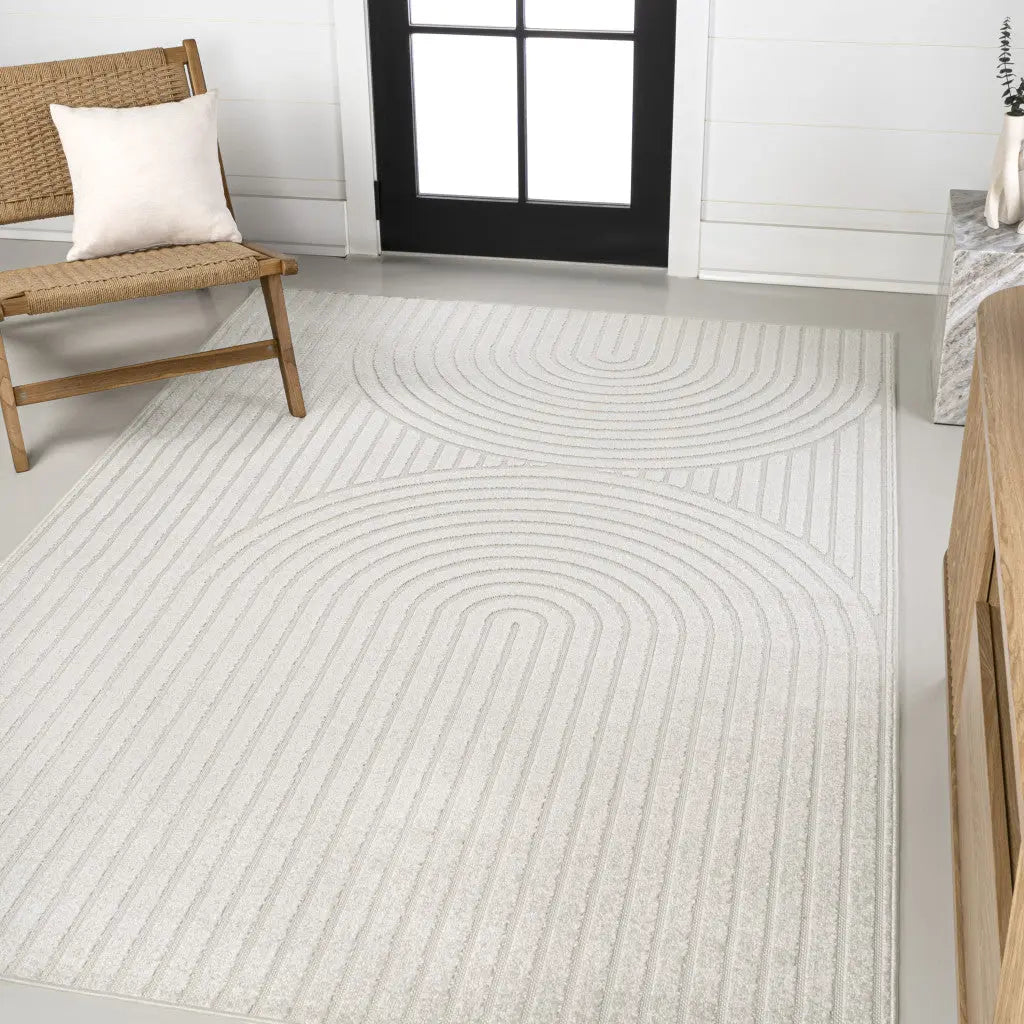 8' X 10' Ivory And Cream Striped Indoor Outdoor Area Rug - GreatEagleInc