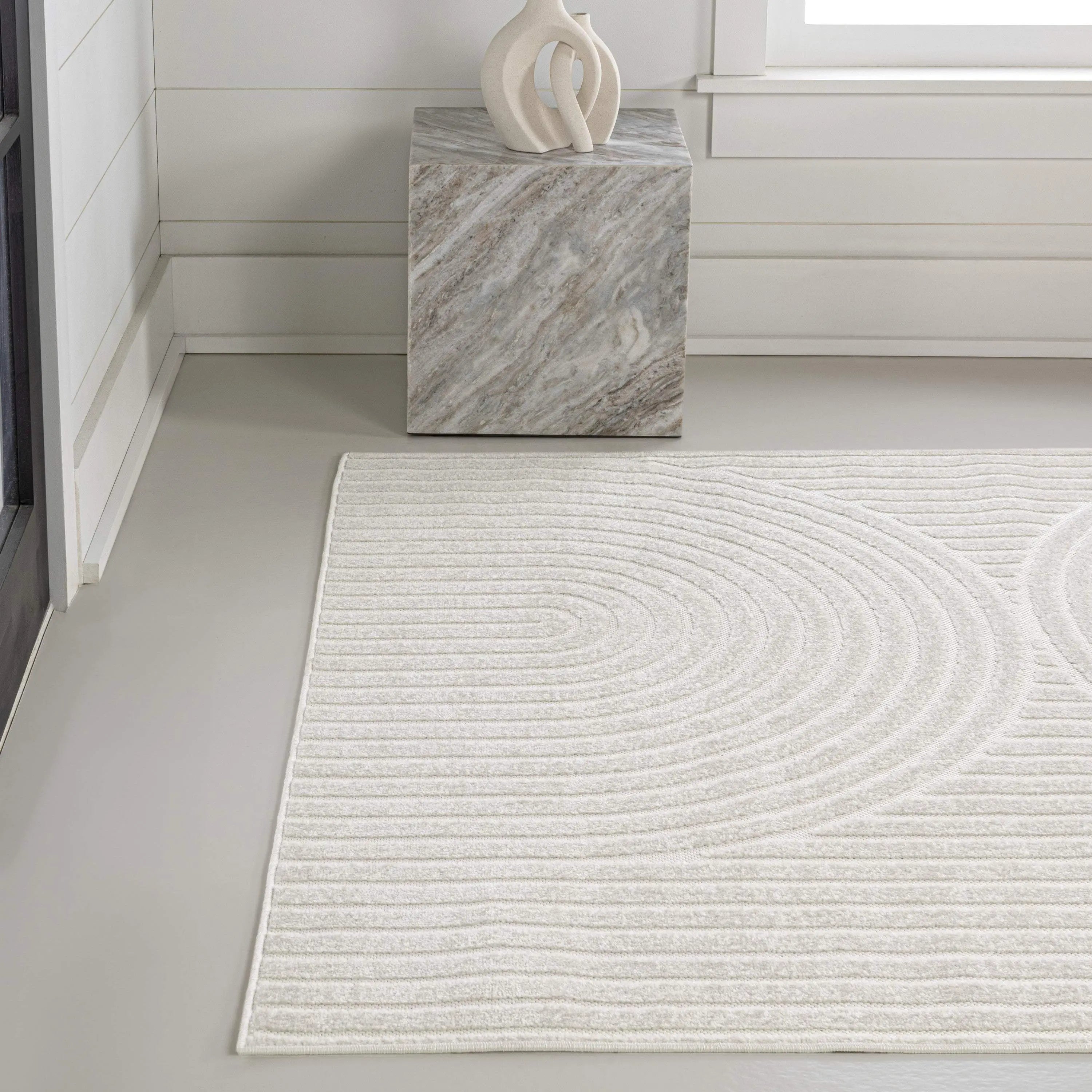 8' X 10' Ivory And Cream Striped Indoor Outdoor Area Rug - GreatEagleInc