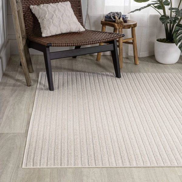 8' X 10' Ivory And Cream Striped Indoor Outdoor Area Rug - GreatEagleInc