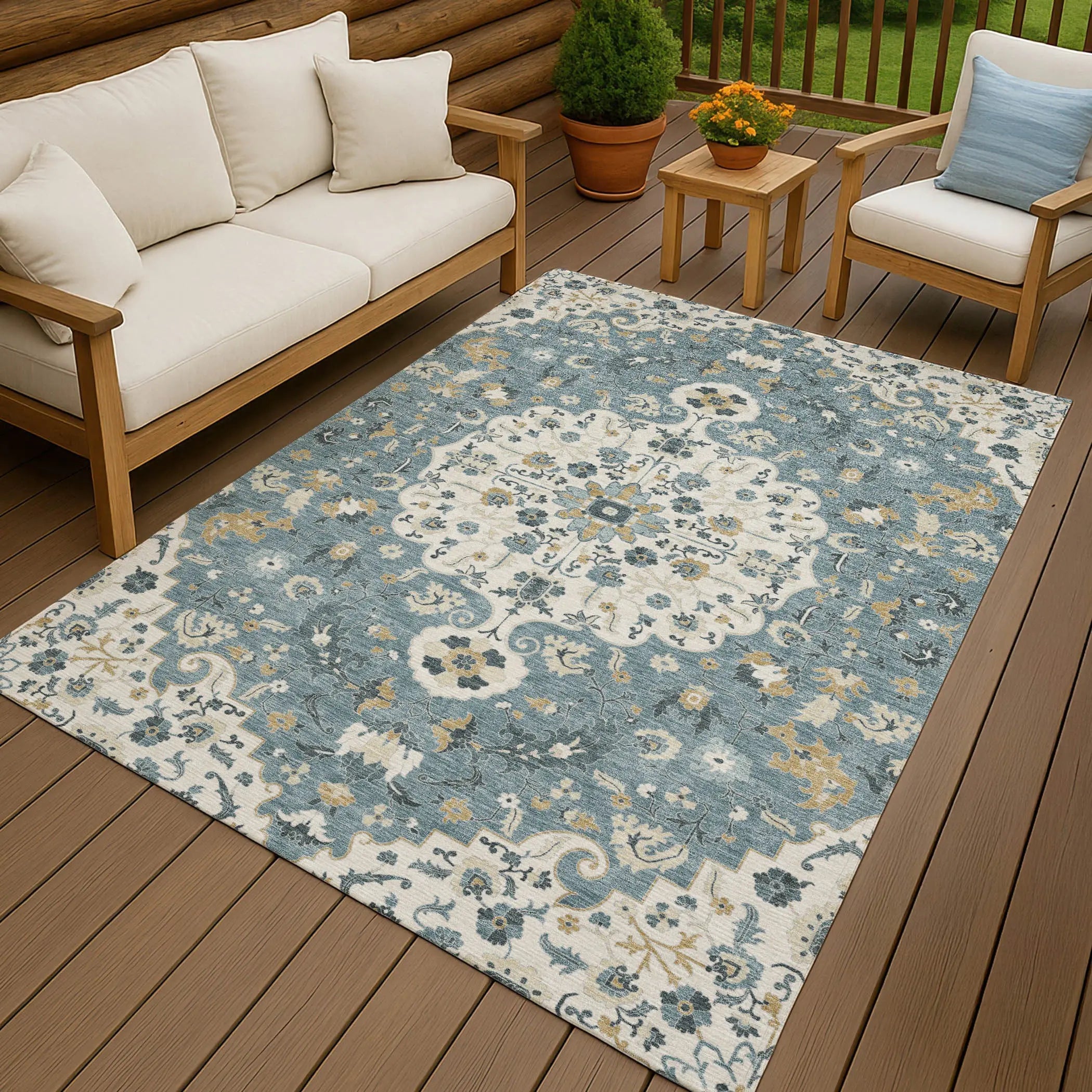 8' X 10' Ivory And Denim Blue Floral Medallion Washable Indoor Outdoor Area Rug Homeroots Outdoor