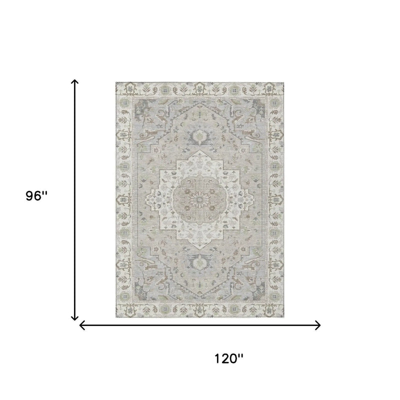 8' X 10' Ivory And Fern Green Oriental Washable Indoor Outdoor Area Rug Homeroots Outdoor