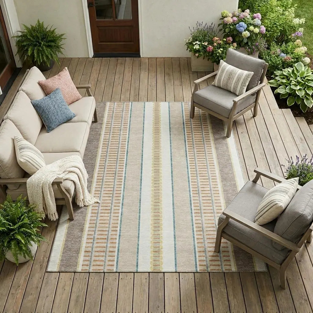 8' X 10' Ivory And Fern Green Striped Washable Indoor Outdoor Area Rug Homeroots Outdoor