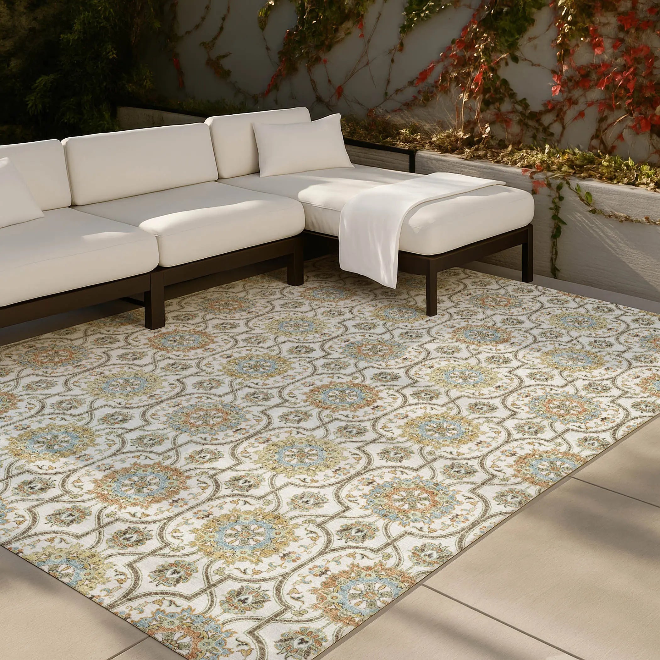 8' X 10' Ivory And Gold Floral Medallion Washable Indoor Outdoor Area Rug Homeroots Outdoor