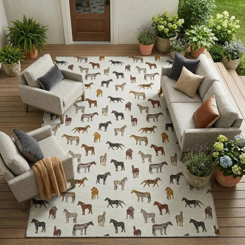 8' X 10' Ivory And Gold Horse Washable Indoor Outdoor Area Rug Homeroots Outdoor