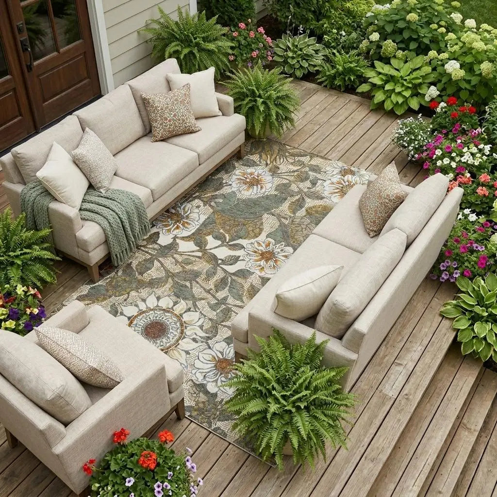 8' X 10' Ivory And Gray Floral Washable Indoor Outdoor Area Rug Homeroots Outdoor