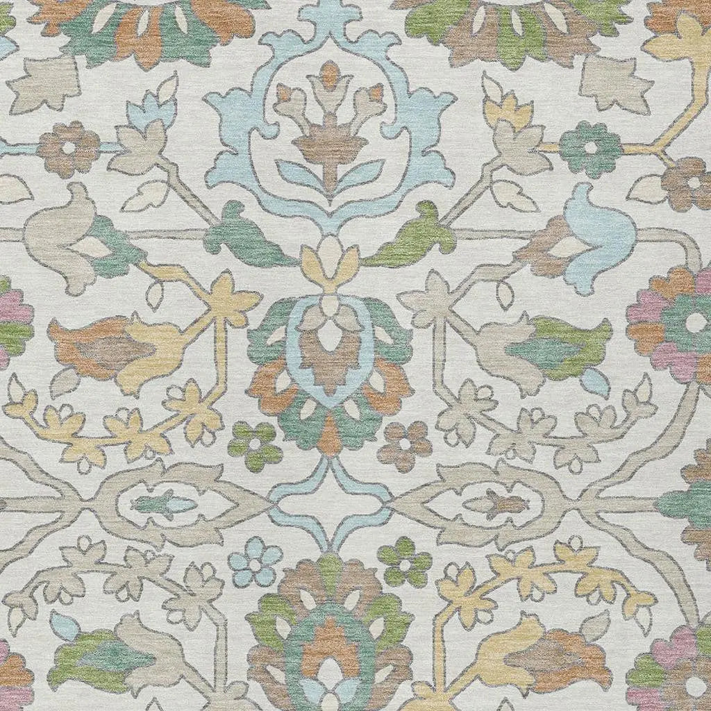 Multi-colored floral area rug pattern in soft pastels on a light beige background, perfect for modern decor.