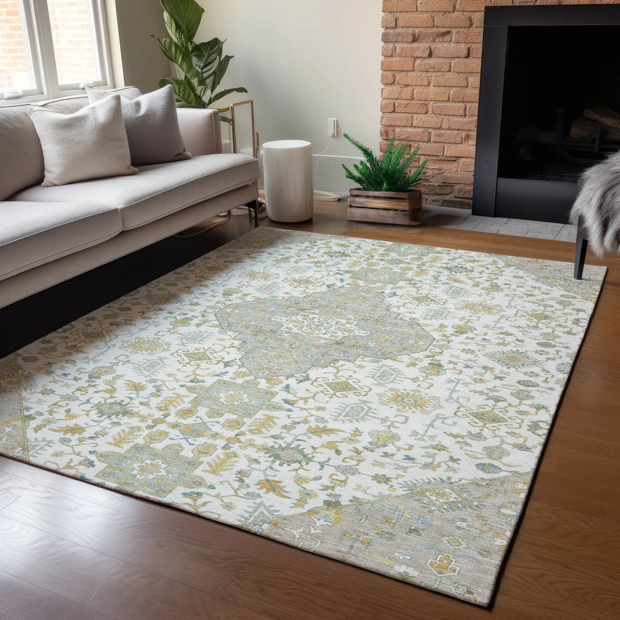 8' X 10' Ivory And Green Medallion Washable Indoor Outdoor Area Rug Homeroots Outdoor