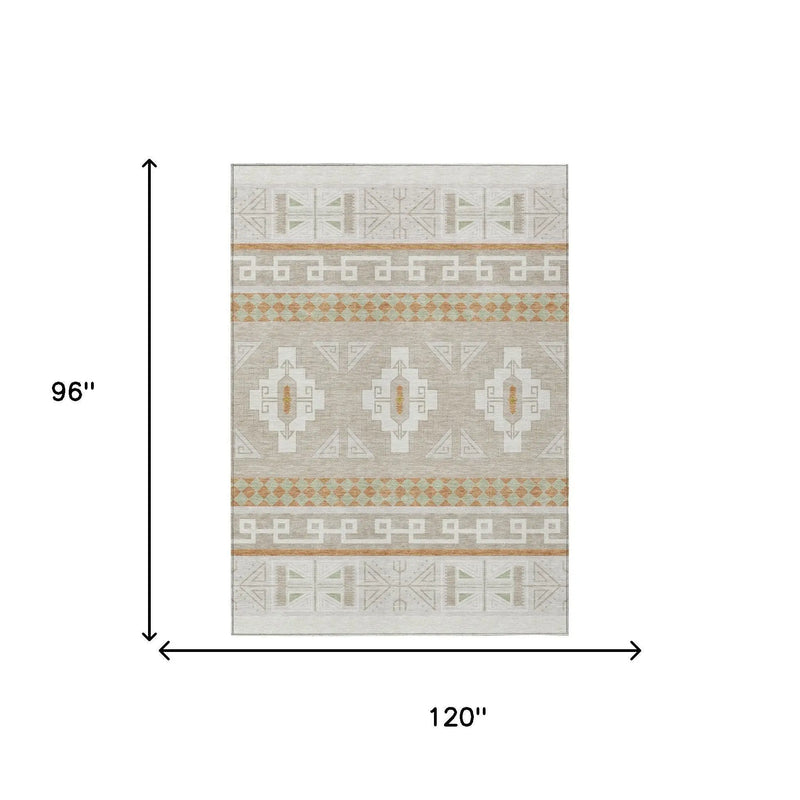 8' X 10' Ivory And Green Tribal Washable Indoor Outdoor Area Rug Homeroots Outdoor