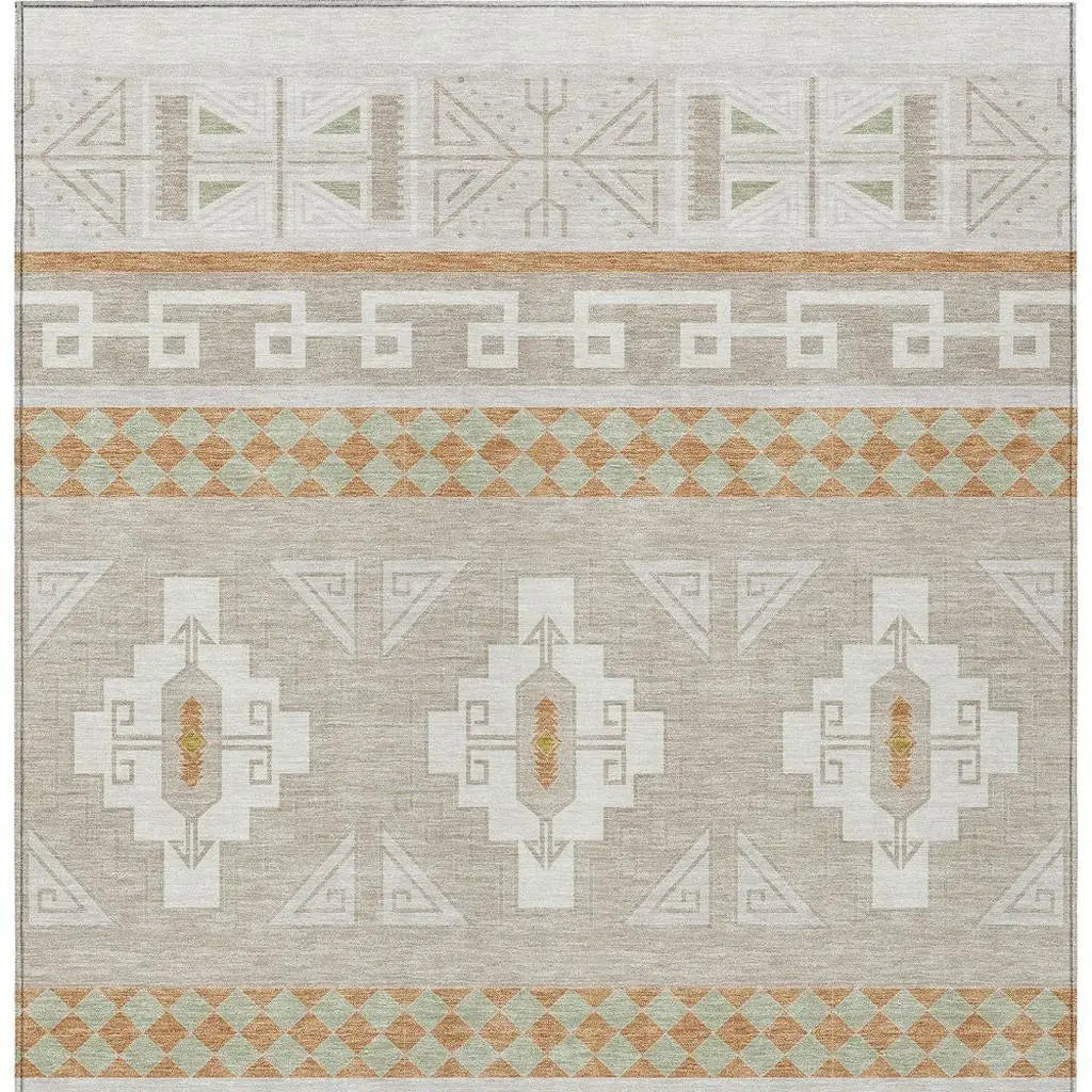 8' X 10' Ivory And Green Tribal Washable Indoor Outdoor Area Rug Homeroots Outdoor