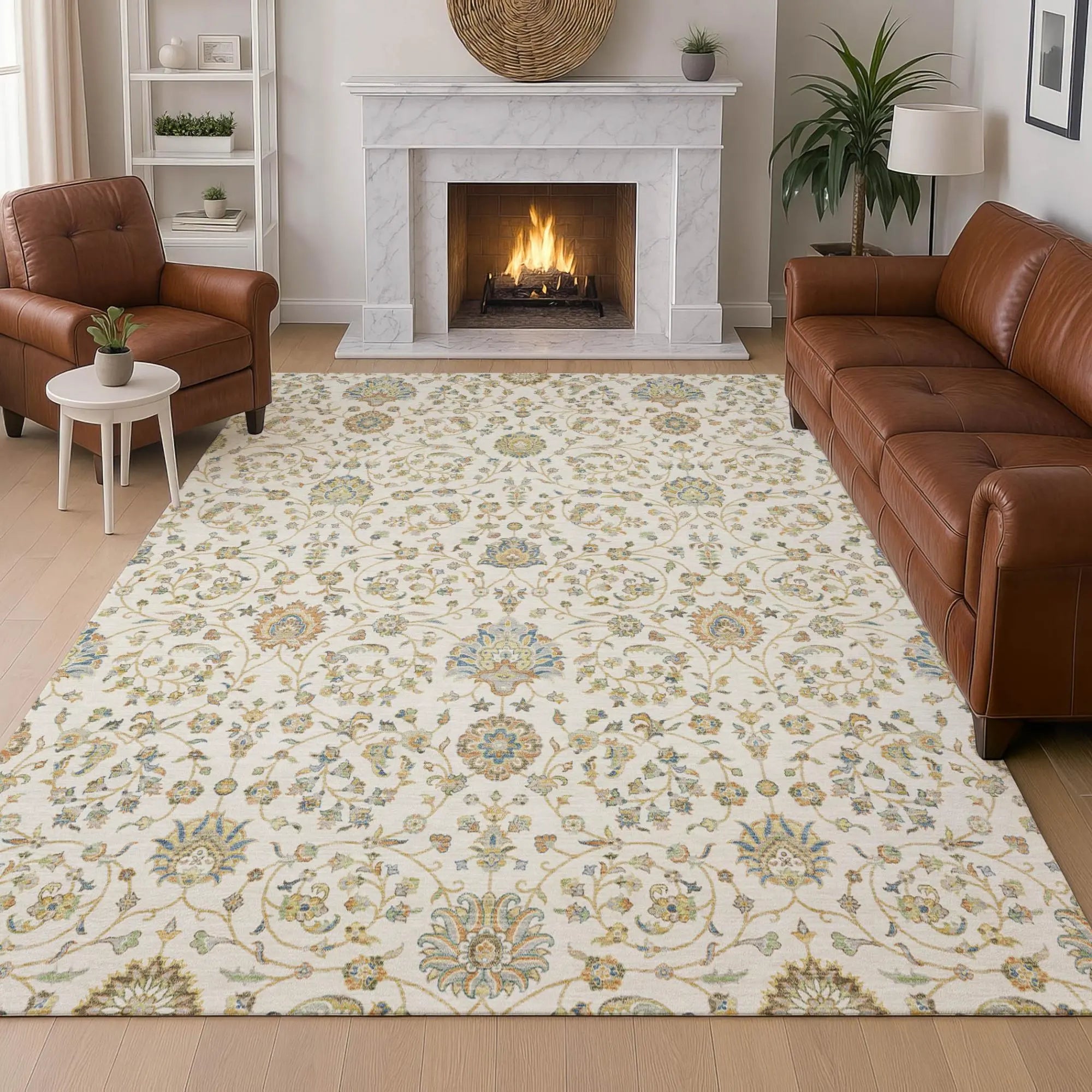 8' X 10' Ivory And Khaki Floral Washable Indoor Outdoor Area Rug Homeroots Outdoor