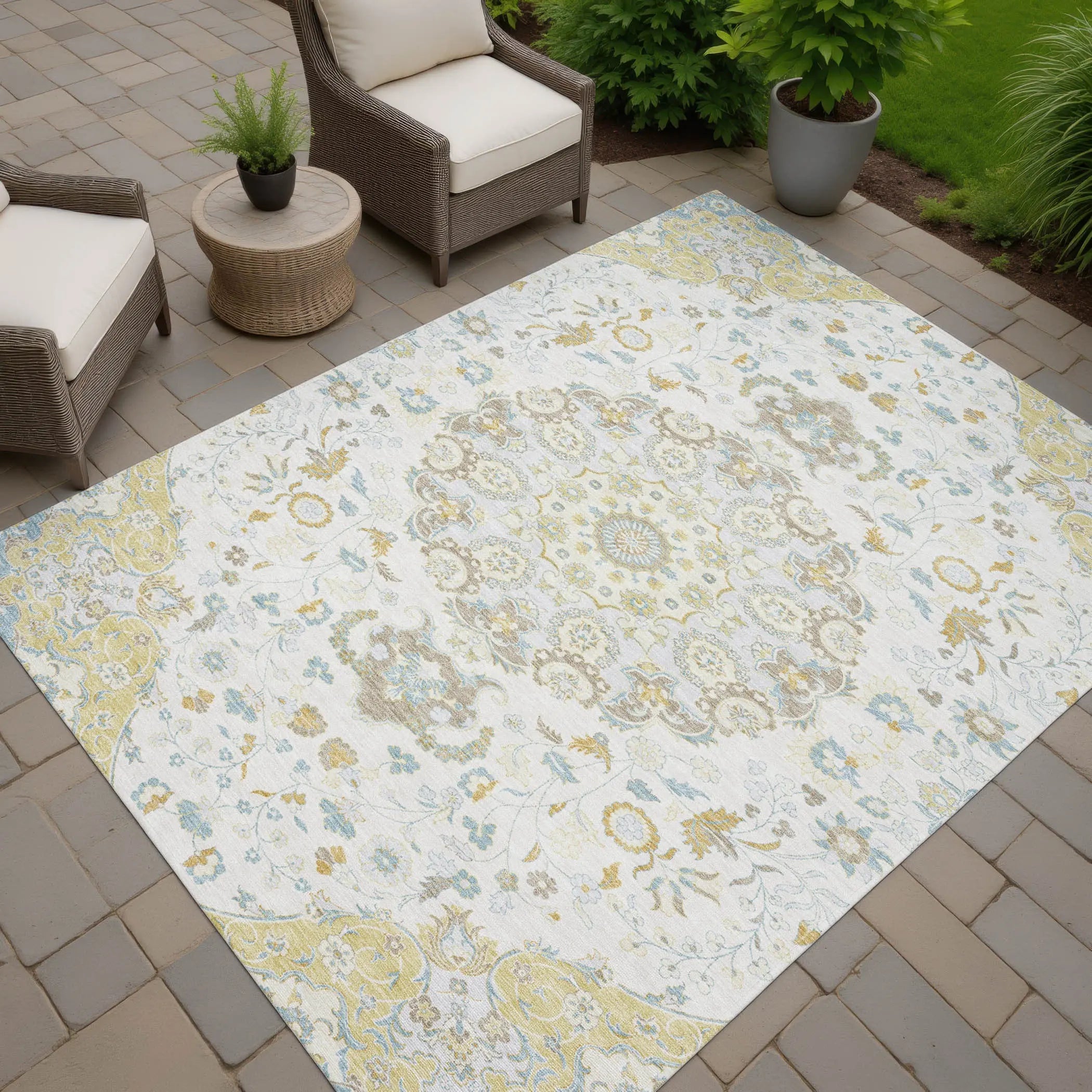 8' X 10' Ivory And Linen Damask Washable Indoor Outdoor Area Rug Homeroots Outdoor