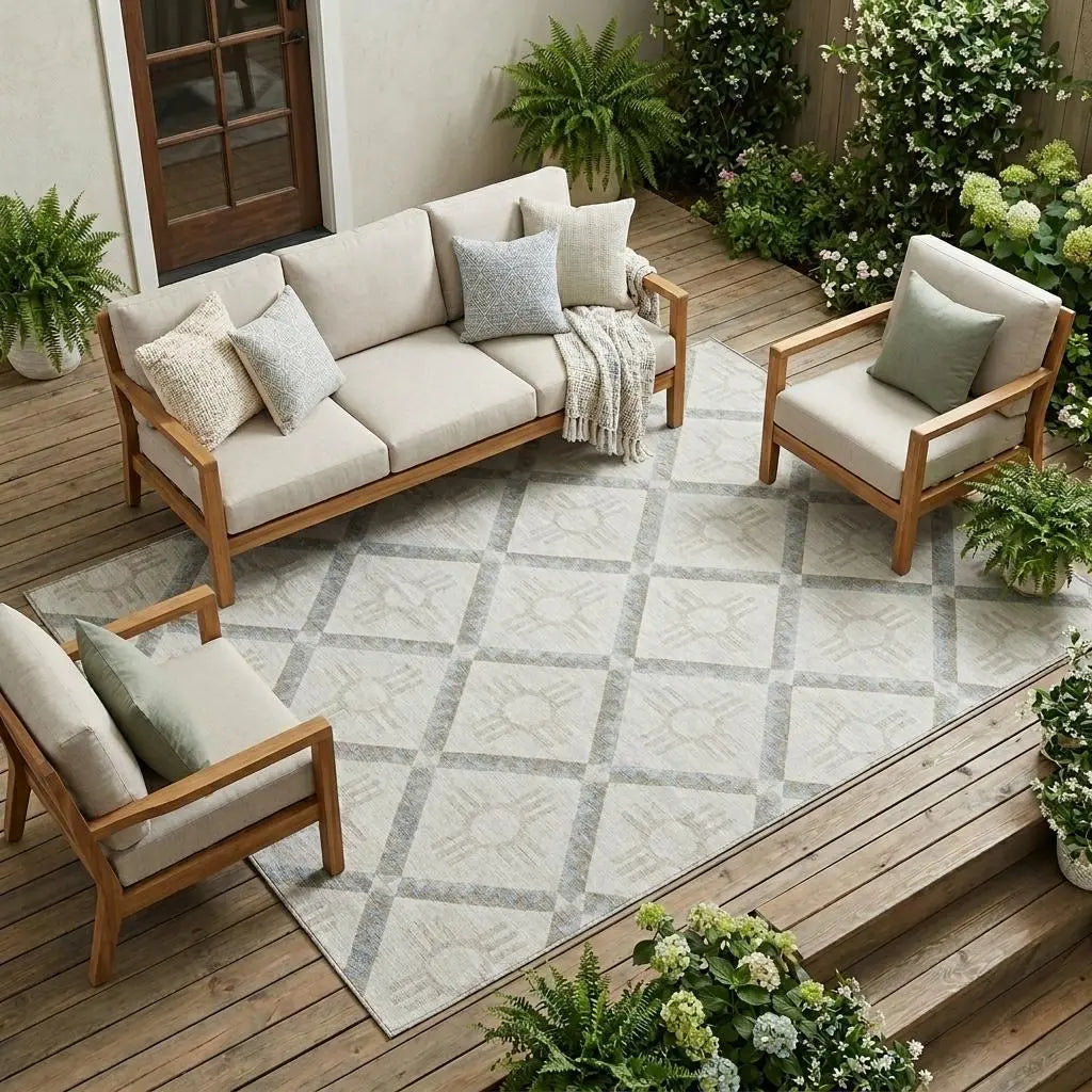 8' X 10' Ivory And Linen Geometric Washable Indoor Outdoor Area Rug Homeroots Outdoor
