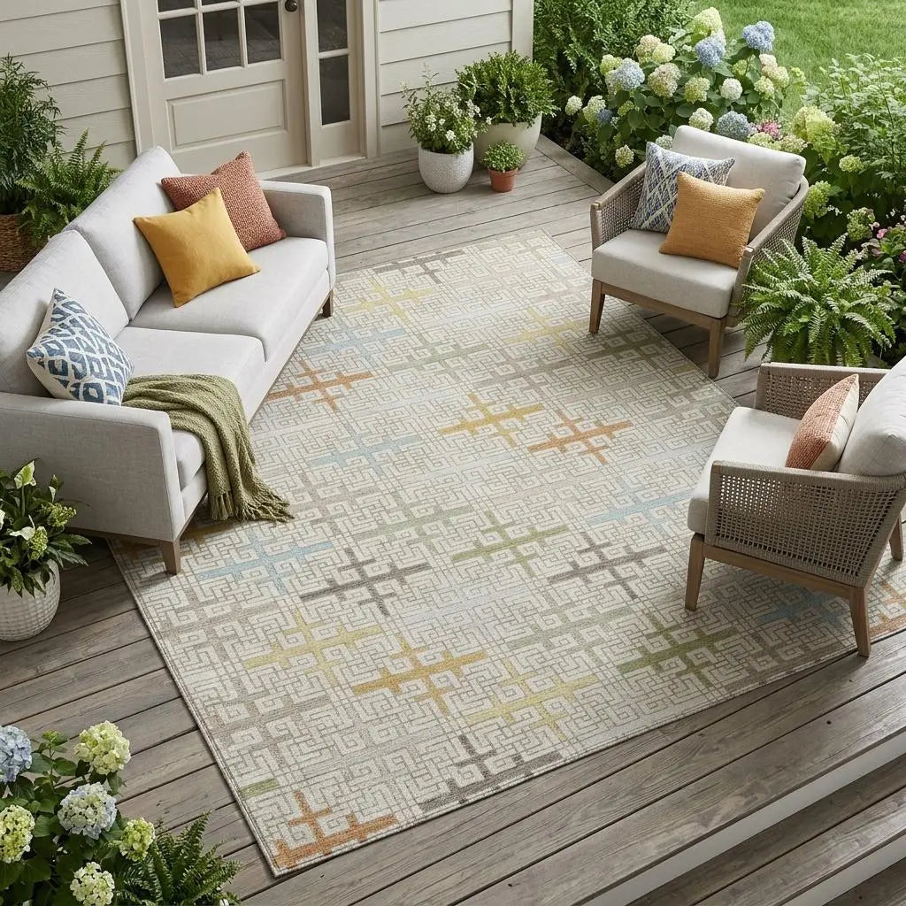 8' X 10' Ivory And Linen Geometric Washable Indoor Outdoor Area Rug Homeroots Outdoor