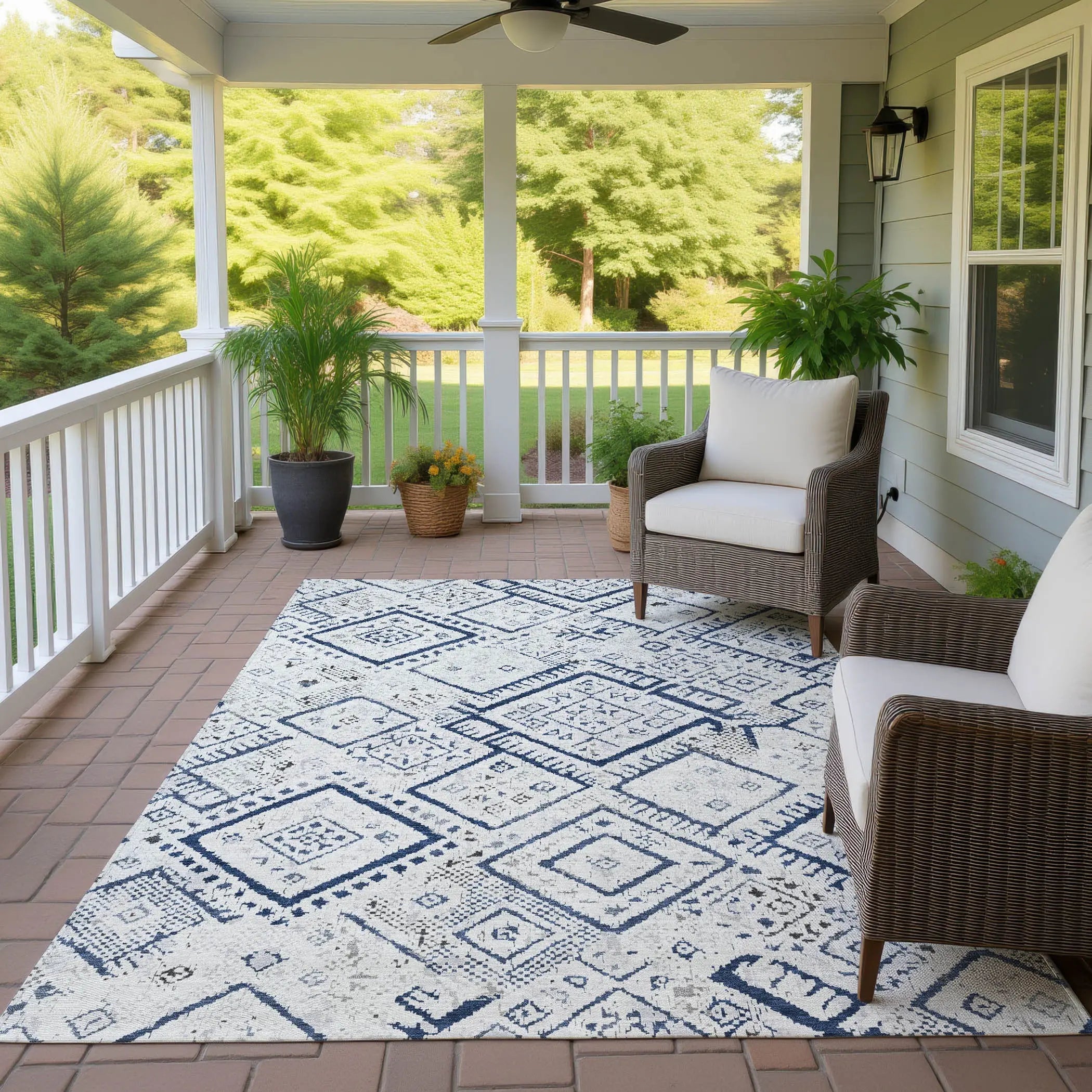 8' X 10' Ivory And Navy Blue Geometric Washable Indoor Outdoor Area Rug Homeroots Outdoor