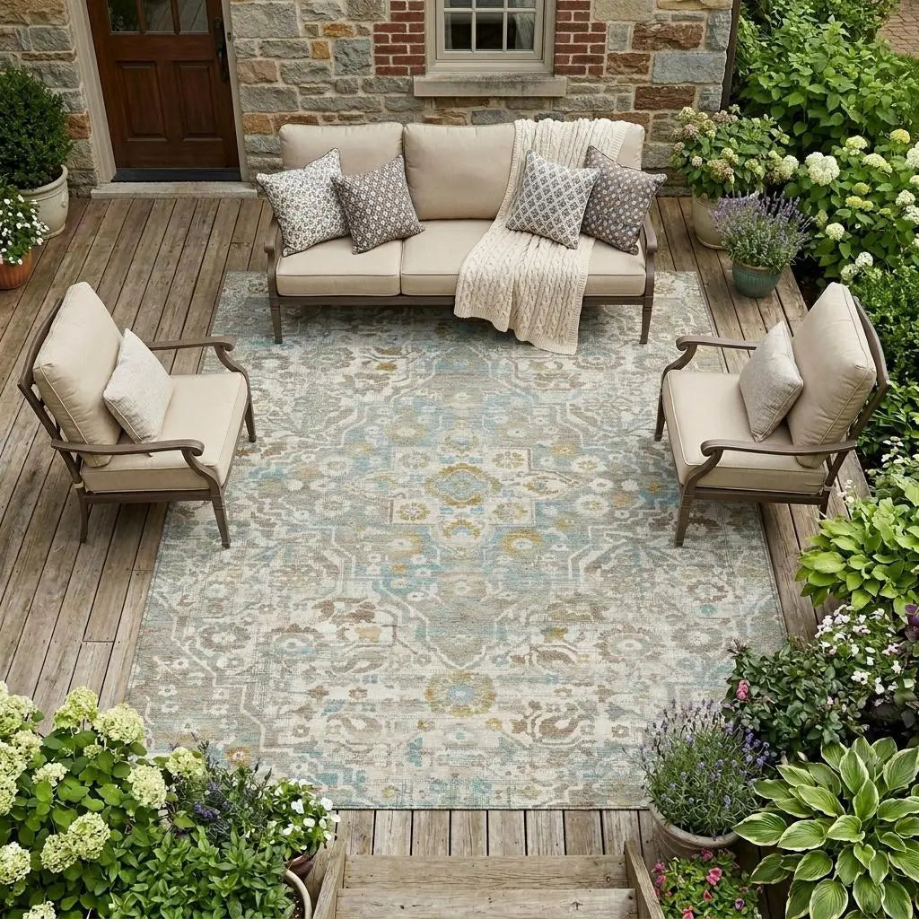 8' X 10' Ivory And Pewter Floral Medallion Washable Indoor Outdoor Area Rug Homeroots Outdoor