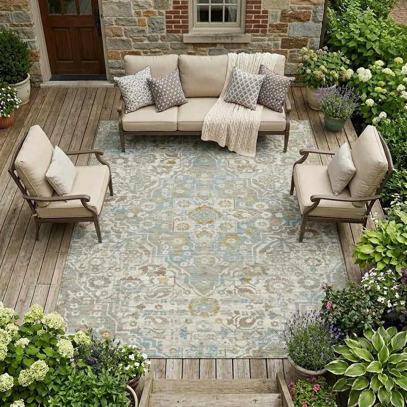 8' X 10' Ivory And Pewter Floral Medallion Washable Indoor Outdoor Area Rug Homeroots Outdoor