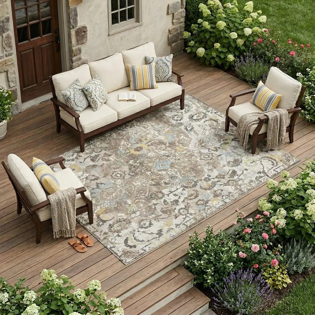 8' X 10' Ivory And Pewter Floral Washable Indoor Outdoor Area Rug Homeroots Outdoor