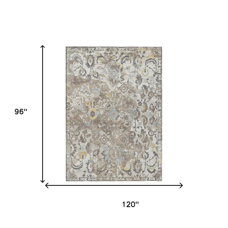 8' X 10' Ivory And Pewter Floral Washable Indoor Outdoor Area Rug Homeroots Outdoor