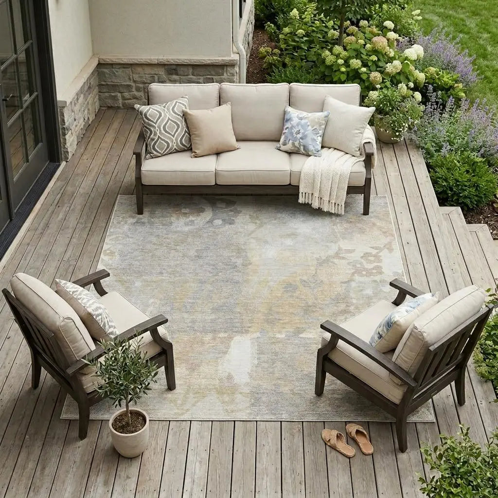 8' X 10' Ivory And Silver Botanical Leaves Washable Indoor Outdoor Area Rug Homeroots Outdoor