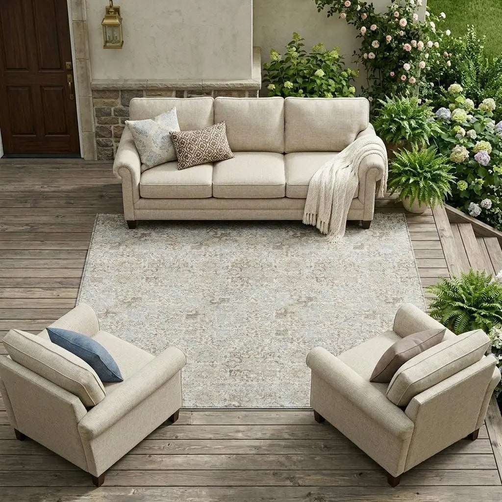 8' X 10' Ivory And Silver Damask Washable Indoor Outdoor Area Rug Homeroots Outdoor