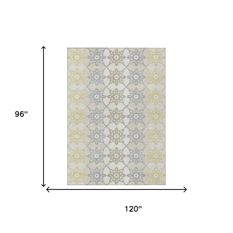 8' X 10' Ivory And Silver Floral Medallion Washable Indoor Outdoor Area Rug Homeroots Outdoor