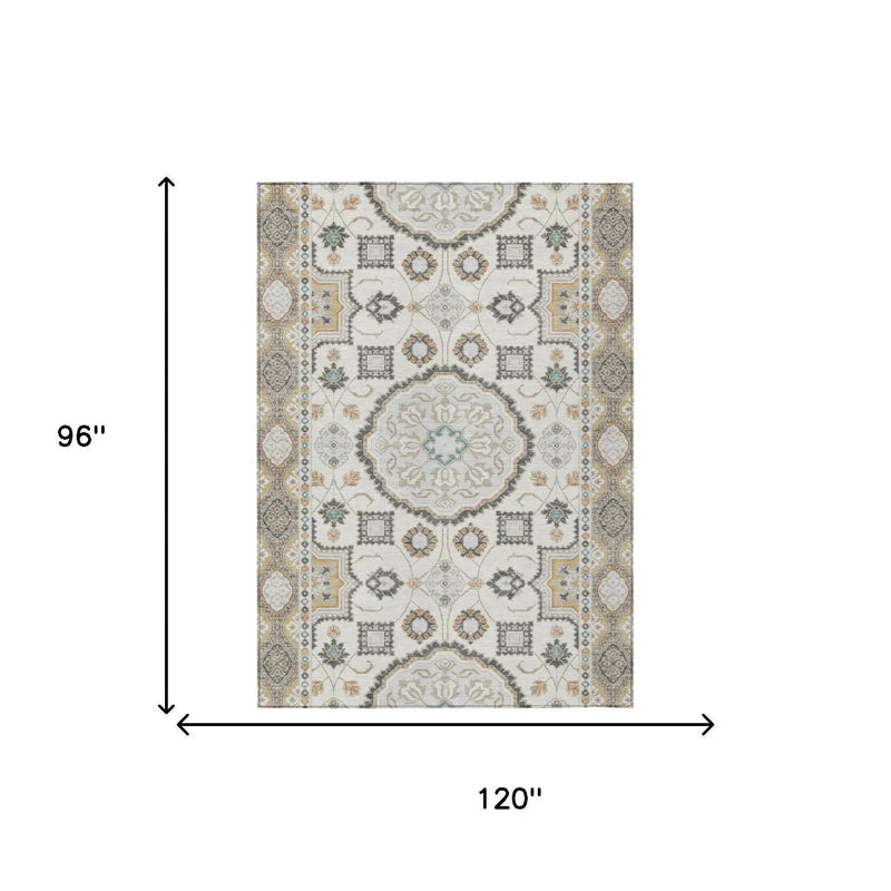 8' X 10' Ivory And Silver Floral Medallion Washable Indoor Outdoor Area Rug Homeroots Outdoor