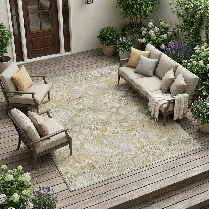 8' X 10' Ivory And Silver Floral Medallion Washable Indoor Outdoor Area Rug Homeroots Outdoor