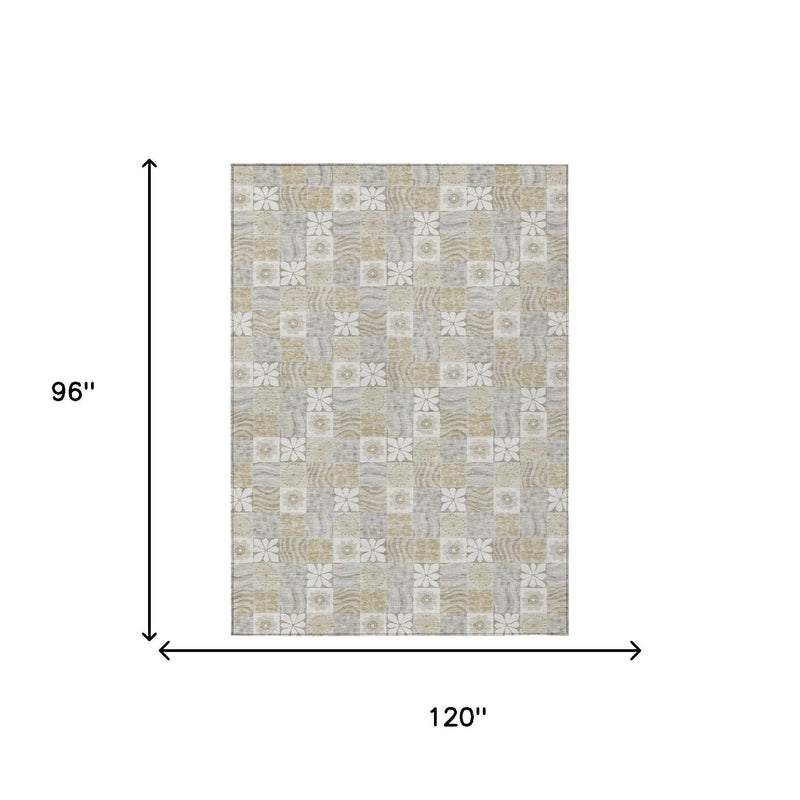 8' X 10' Ivory And Silver Floral Washable Indoor Outdoor Area Rug Homeroots Outdoor