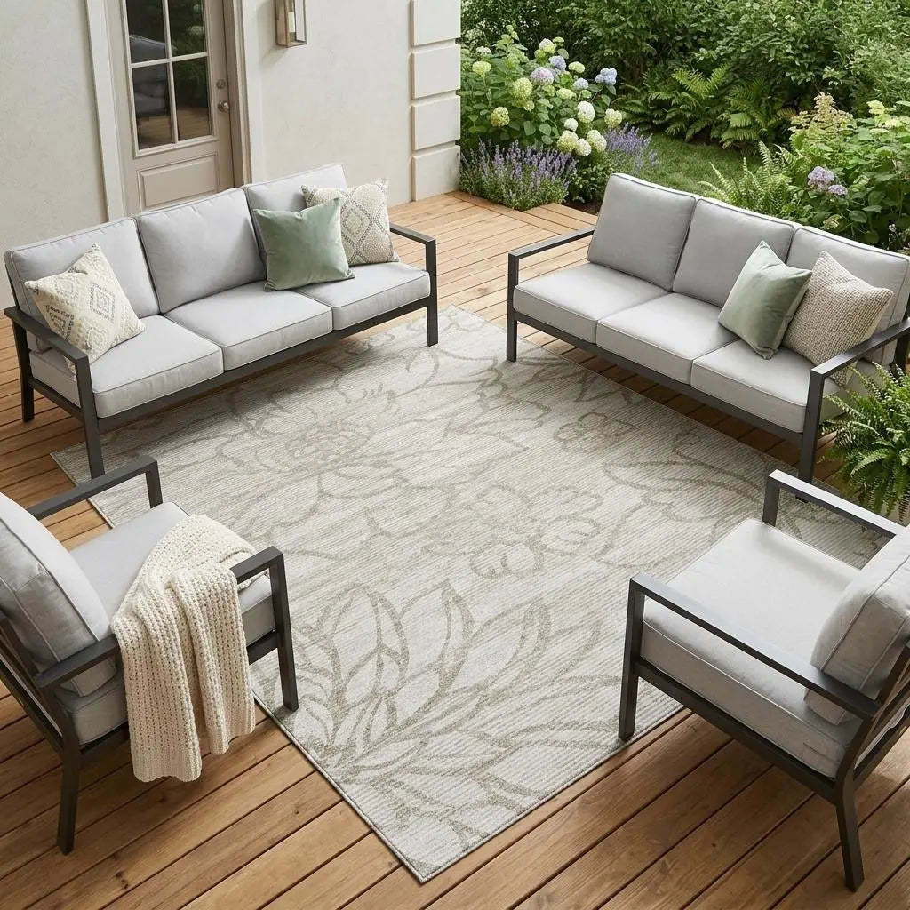 8' X 10' Ivory And Silver Floral Washable Indoor Outdoor Area Rug Homeroots Outdoor