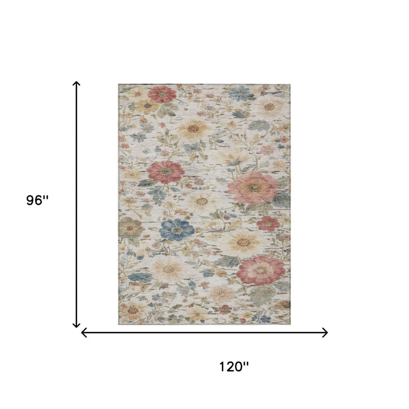 8' X 10' Ivory And Silver Floral Washable Indoor Outdoor Area Rug Homeroots Outdoor