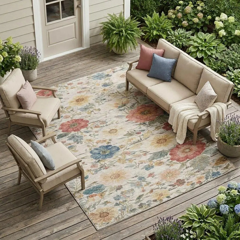 8' X 10' Ivory And Silver Floral Washable Indoor Outdoor Area Rug Homeroots Outdoor