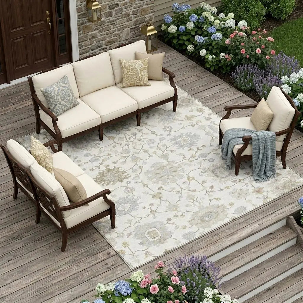 8' X 10' Ivory And Silver Floral Washable Indoor Outdoor Area Rug Homeroots Outdoor