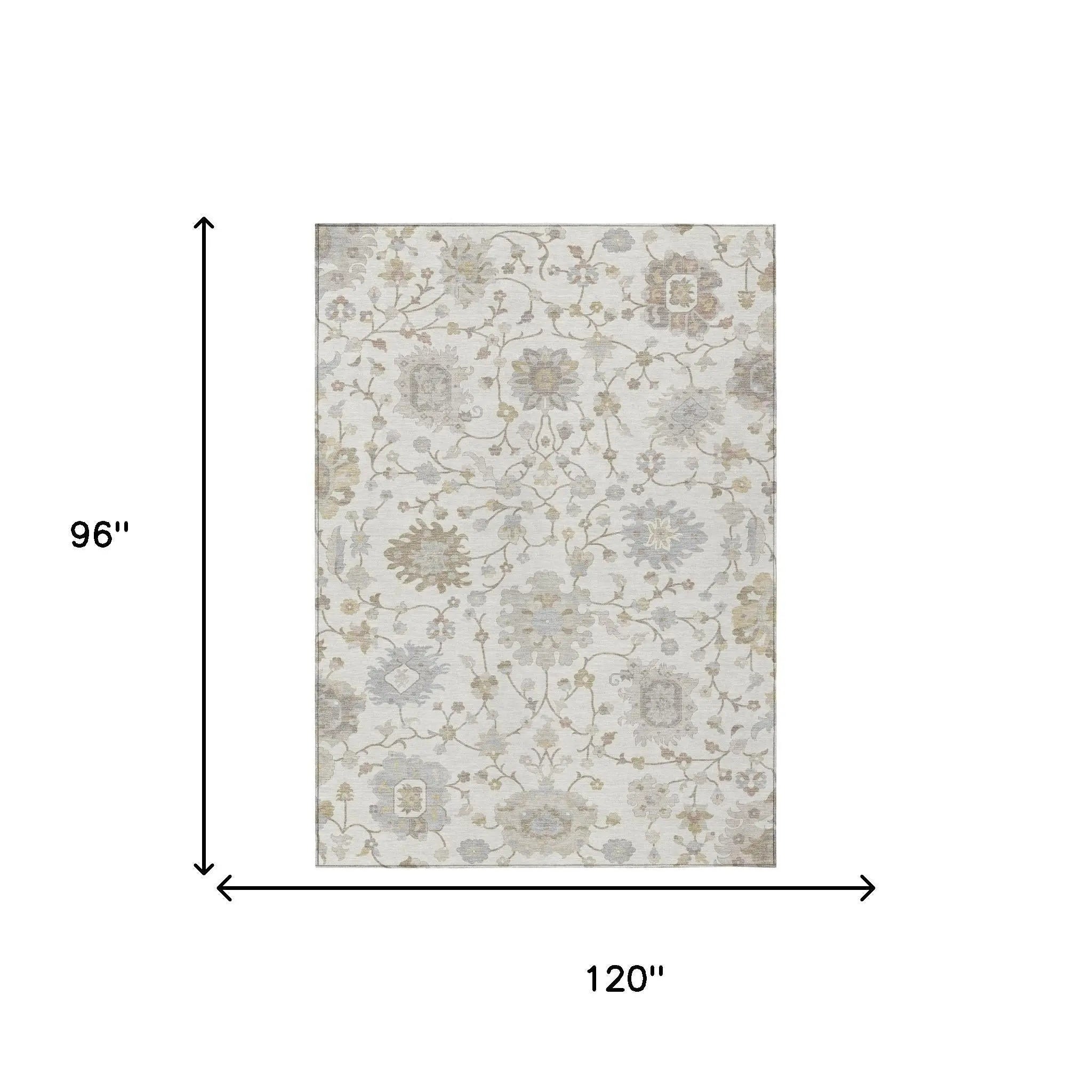 8' X 10' Ivory And Silver Floral Washable Indoor Outdoor Area Rug Homeroots Outdoor