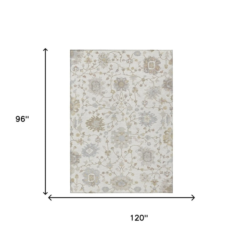 8' X 10' Ivory And Silver Floral Washable Indoor Outdoor Area Rug Homeroots Outdoor