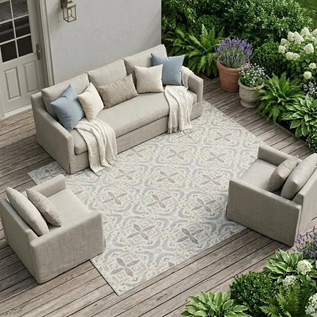 8' X 10' Ivory And Silver Geometric Washable Indoor Outdoor Area Rug Homeroots Outdoor
