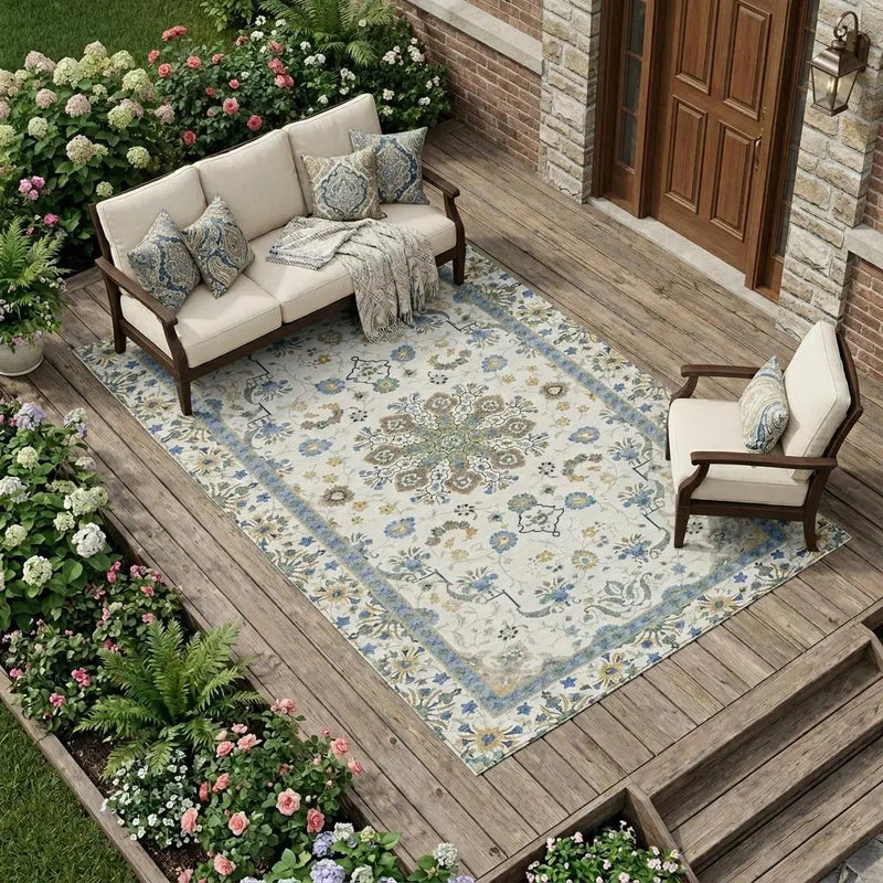 8' X 10' Ivory And Silver Oriental Washable Indoor Outdoor Area Rug Homeroots Outdoor