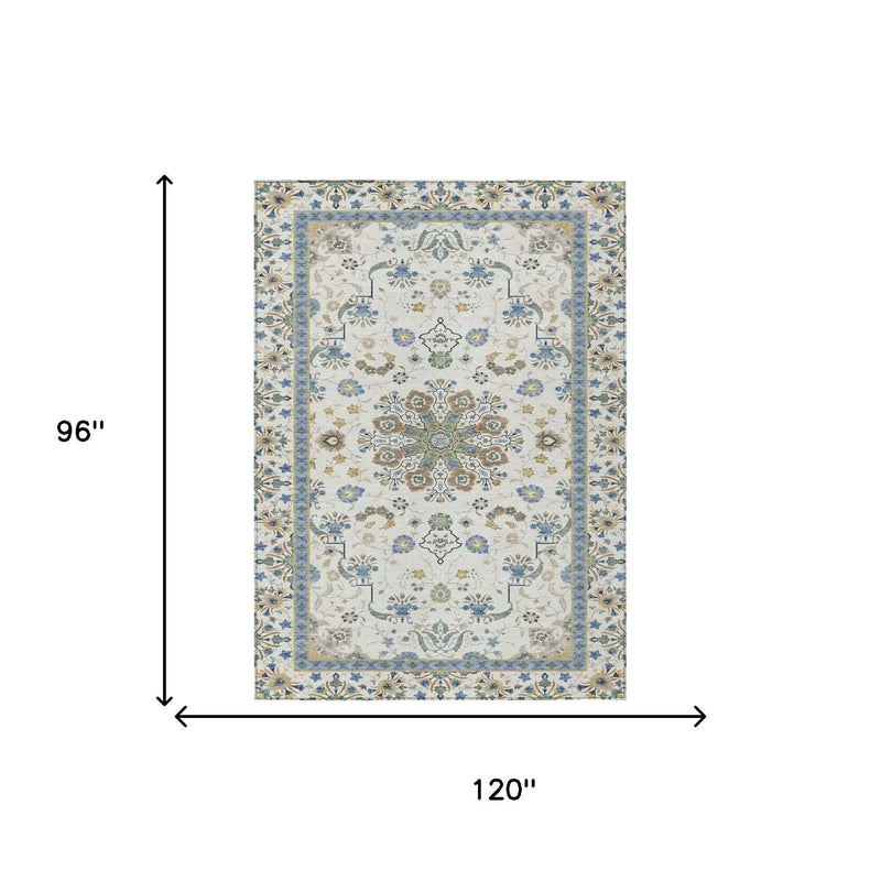 8' X 10' Ivory And Silver Oriental Washable Indoor Outdoor Area Rug Homeroots Outdoor