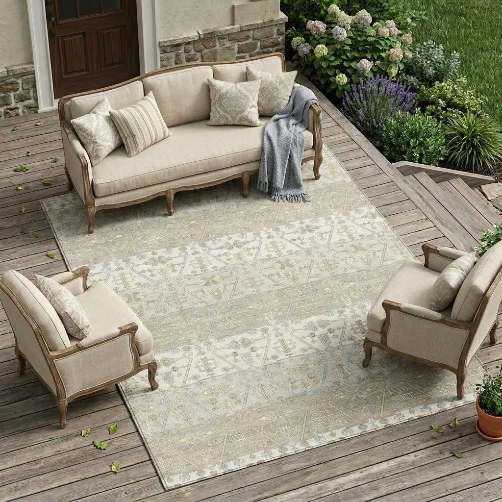 8' X 10' Ivory And Silver Oriental Washable Indoor Outdoor Area Rug Homeroots Outdoor